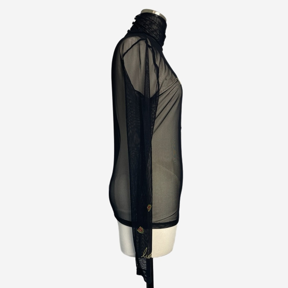 Cinq à Sept Black sheer mesh embroidered turtleneck whimsical dark bohemian S/M - Picture 5 of 16